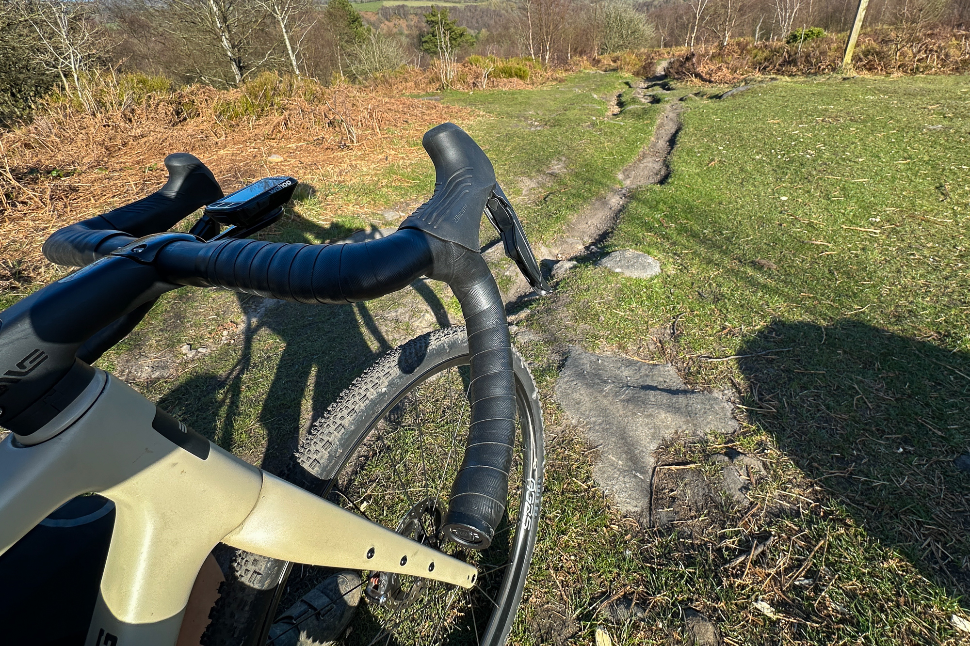 front end of a gravel bike looking down a singletrack trail