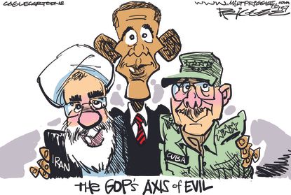Political cartoon U.S. Obama Iran Cuba