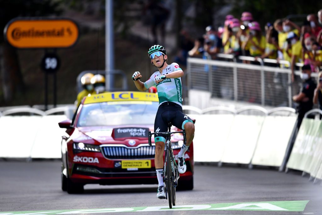 VILLARDDELANS FRANCE SEPTEMBER 15 Arrival Lennard Kamna of Germany and Team Bora Hansgrohe Celebration during the 107th Tour de France 2020 Stage 16 a 164km stage from La TourDuPin to VillardDeLans 1152m Auberge de la Cte 2000 TDF2020 LeTour on September 15 2020 in VillardDeLans France Photo by Stuart FranklinGetty Images