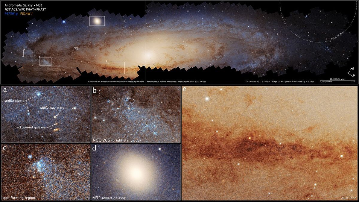 A panoramic view of the neighboring Andromeda galaxy, located 2.5 million light-years away, requiring over 600 Hubble overlapping snapshots to stitch together. This mosaic captures the glow of 200 million stars - a fraction of Andromeda’s population - spread across about 2.5 billion pixels.