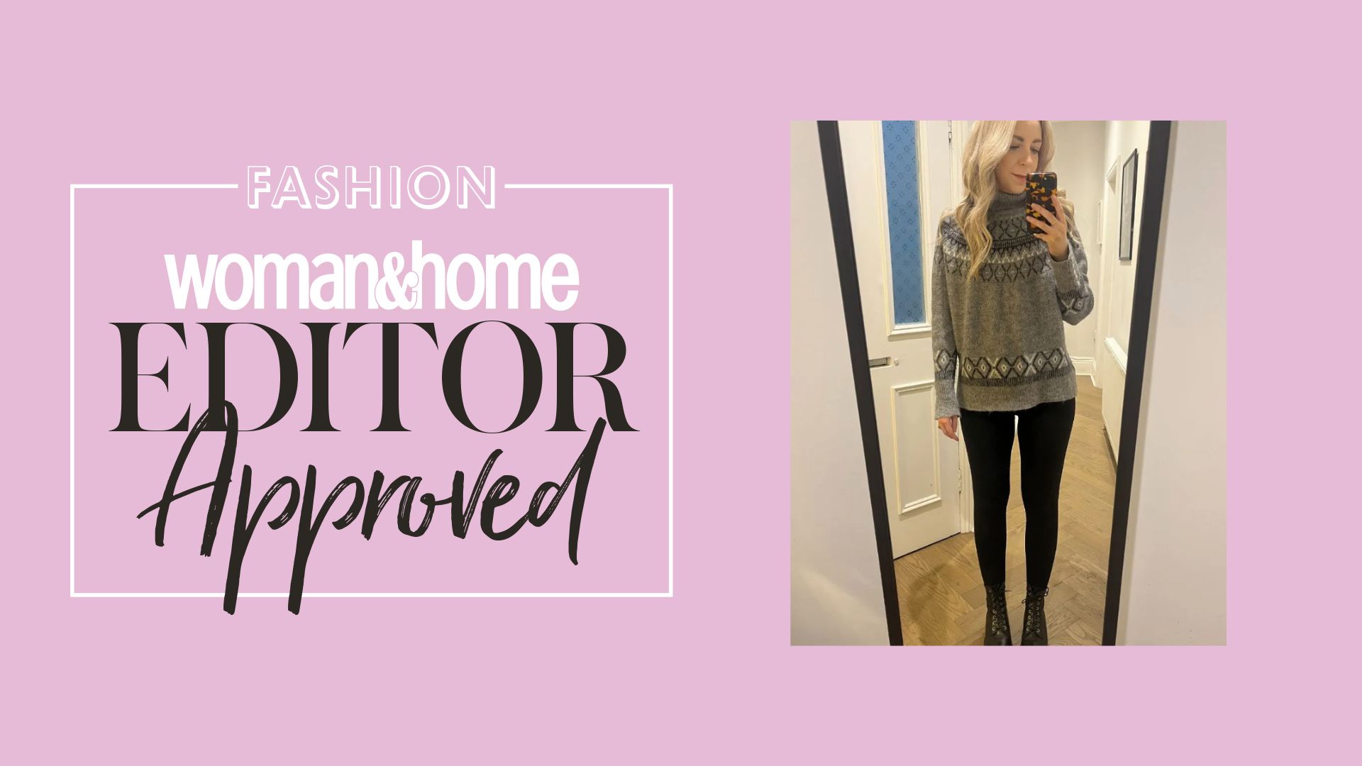 Caroline Parr wearing Spanx leggings on a pink woman&home background