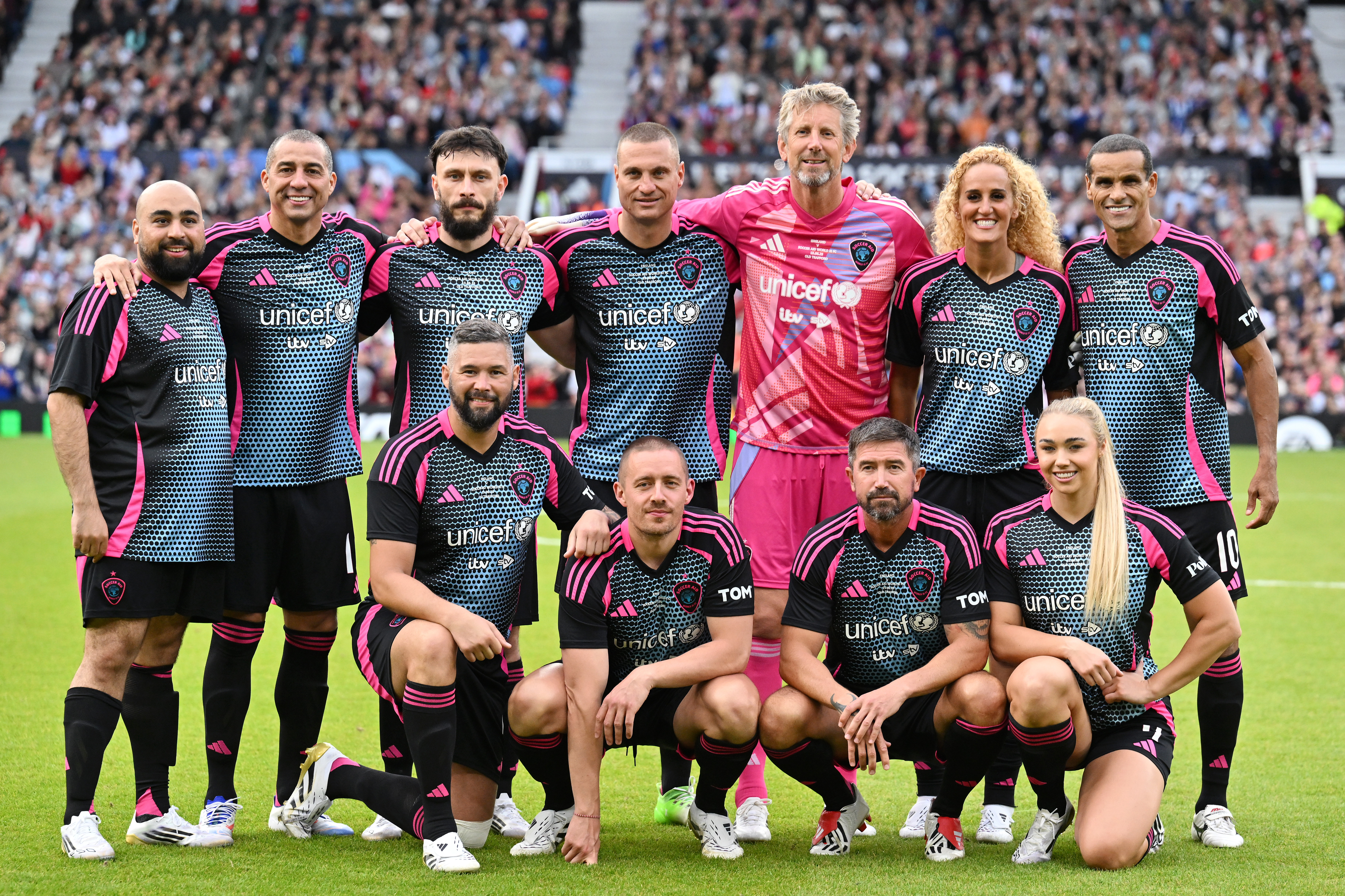 Asim Chaudhry, David Trezeguet, Richard Gadd, Tony Bellew, Nemanja Vidi&amp;#263;, Dermot Kennedy, Edwin van der Sar, Harry Kewell, Kheira Hamraoui, Livi Sheldon and Rivaldo of World XI during Soccer Aid 2025 at Old Trafford on June 15, 2025 in Manchester, England.