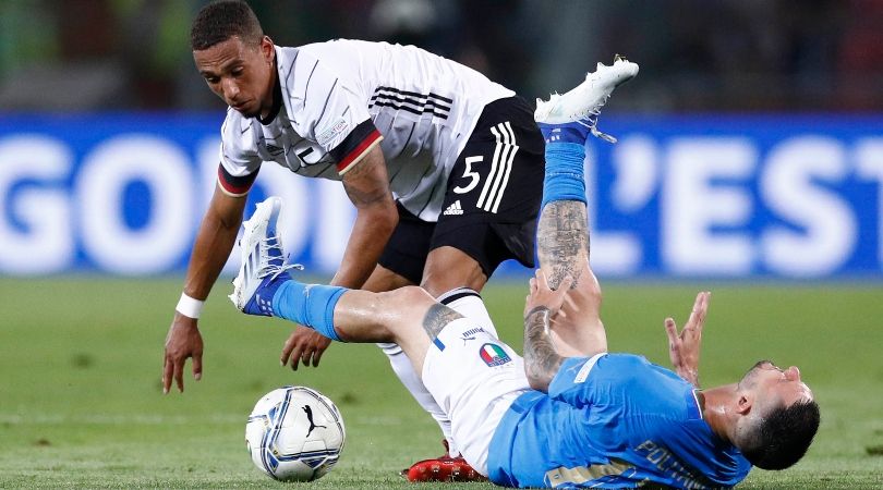 Matteo Politano of Italy and Thilo Kehrer of Germany in the teams&#039; UEFA Nations League clash in Bologna.