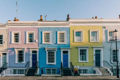 Colourful London townhouses at sunset