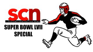 A cartoon football player in a Heisman pose with the SCN logo introducing the Super Bowl prediction special.