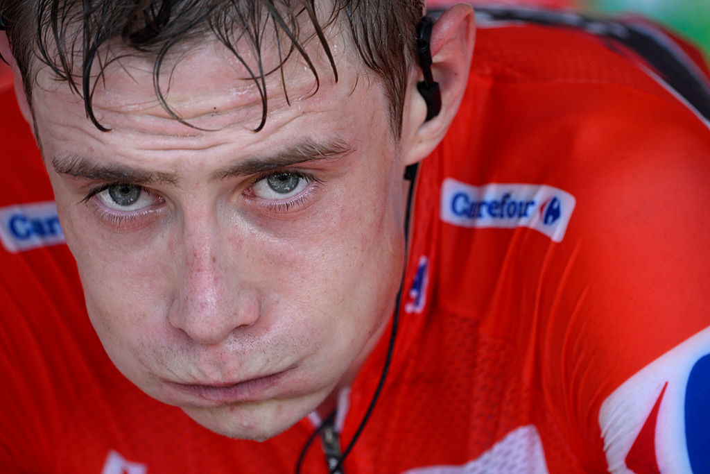 Second placed, overall leader of the Team Visma-Lease a Bike, Danish rider Jonas Vingegaard, is pictured after the 13th stage of the Vuelta a Espana, a 202 km race between Cabezon de la Sal and L&#039;Angliru, on September 5, 2025. (Photo by Miguel RIOPA / AFP)