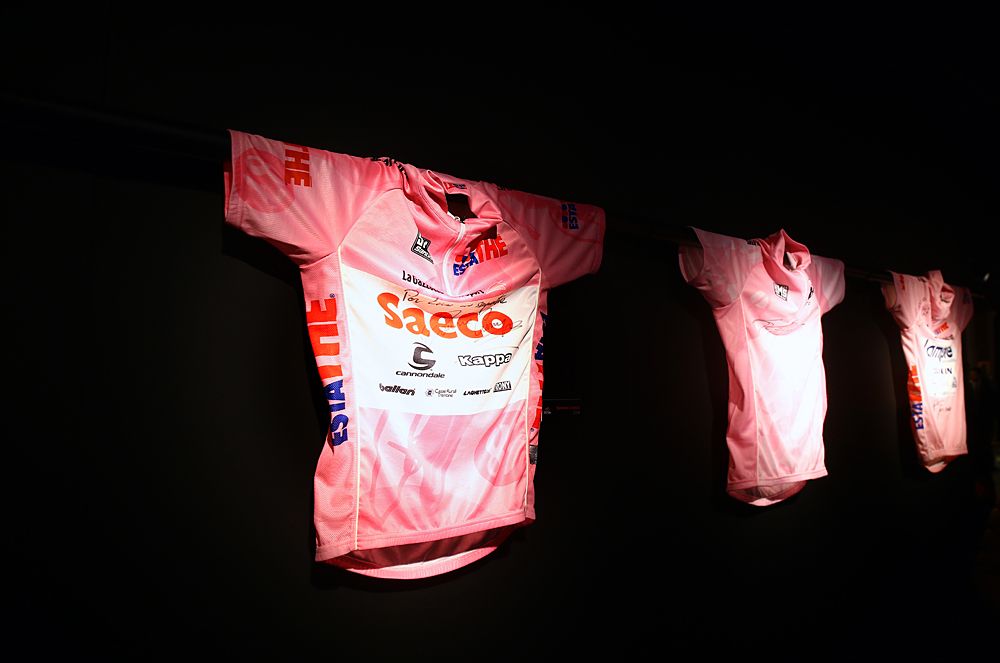 2017 Giro d'Italia presentation - Pink jerseys on display in the entrance to the presentation.