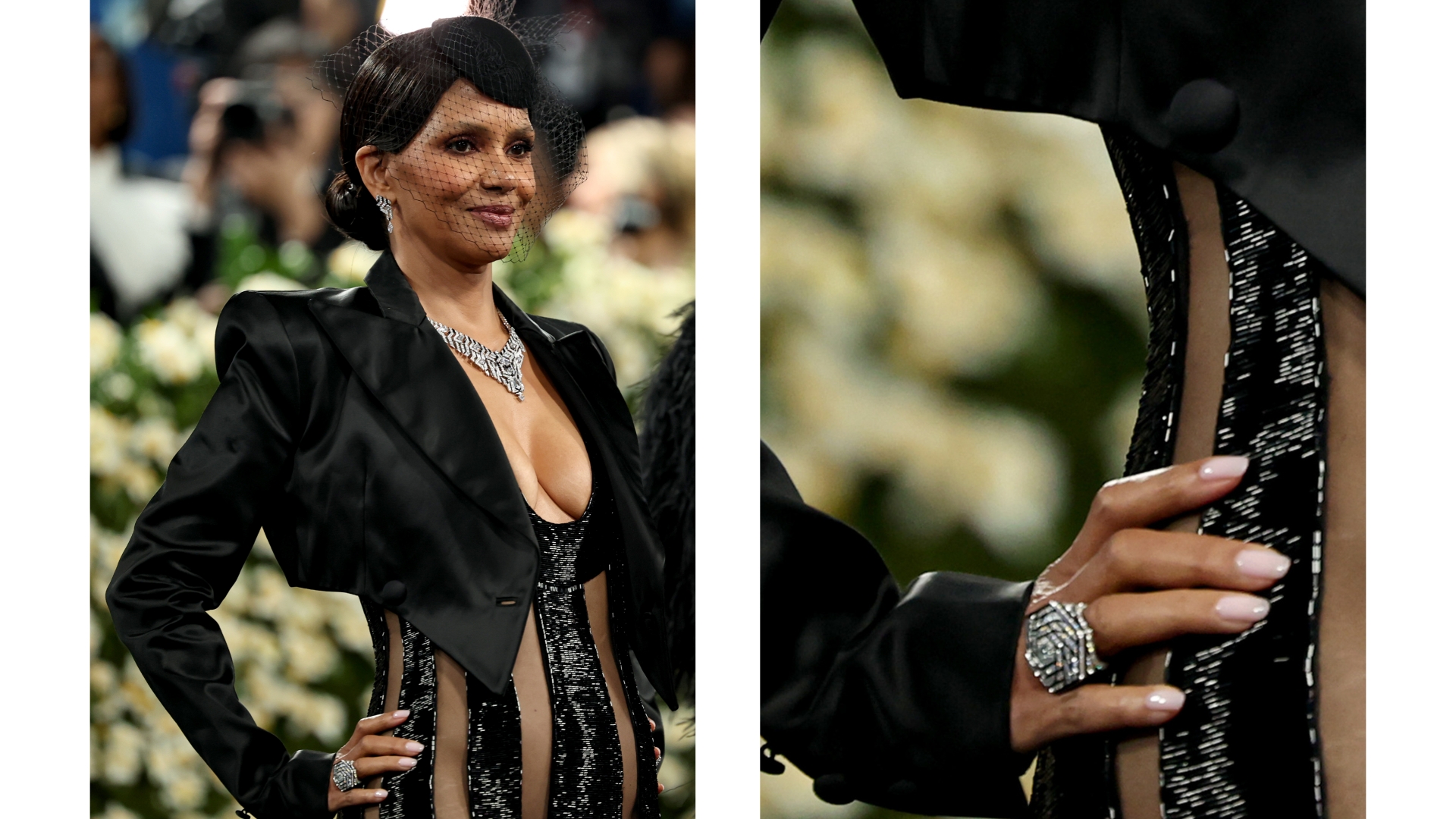 On the left, Halle Berry is pictured wearing a black cropped blazer over a black sequin and sheer dress and with a sheer pink manicure at the 2025 Met Gala Celebrating "Superfine: Tailoring Black Style" at Metropolitan Museum of Art on May 05, 2025 in New York City and on the right, is a close-up of the same picture to show her hand and pink manicure in more detail.