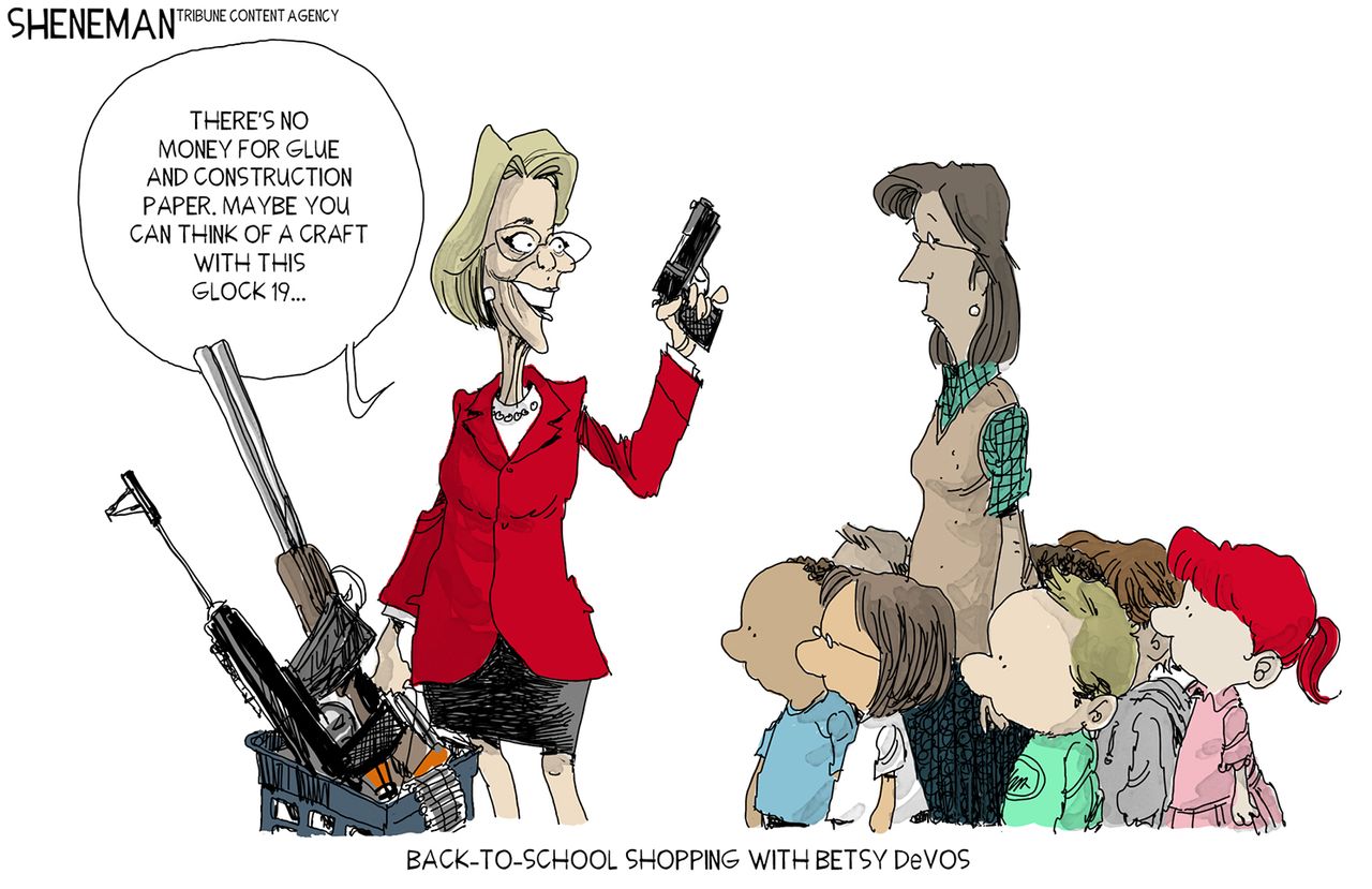 Political cartoon U.S. Betsy DeVos&amp;amp;nbsp;guns back to school shootings