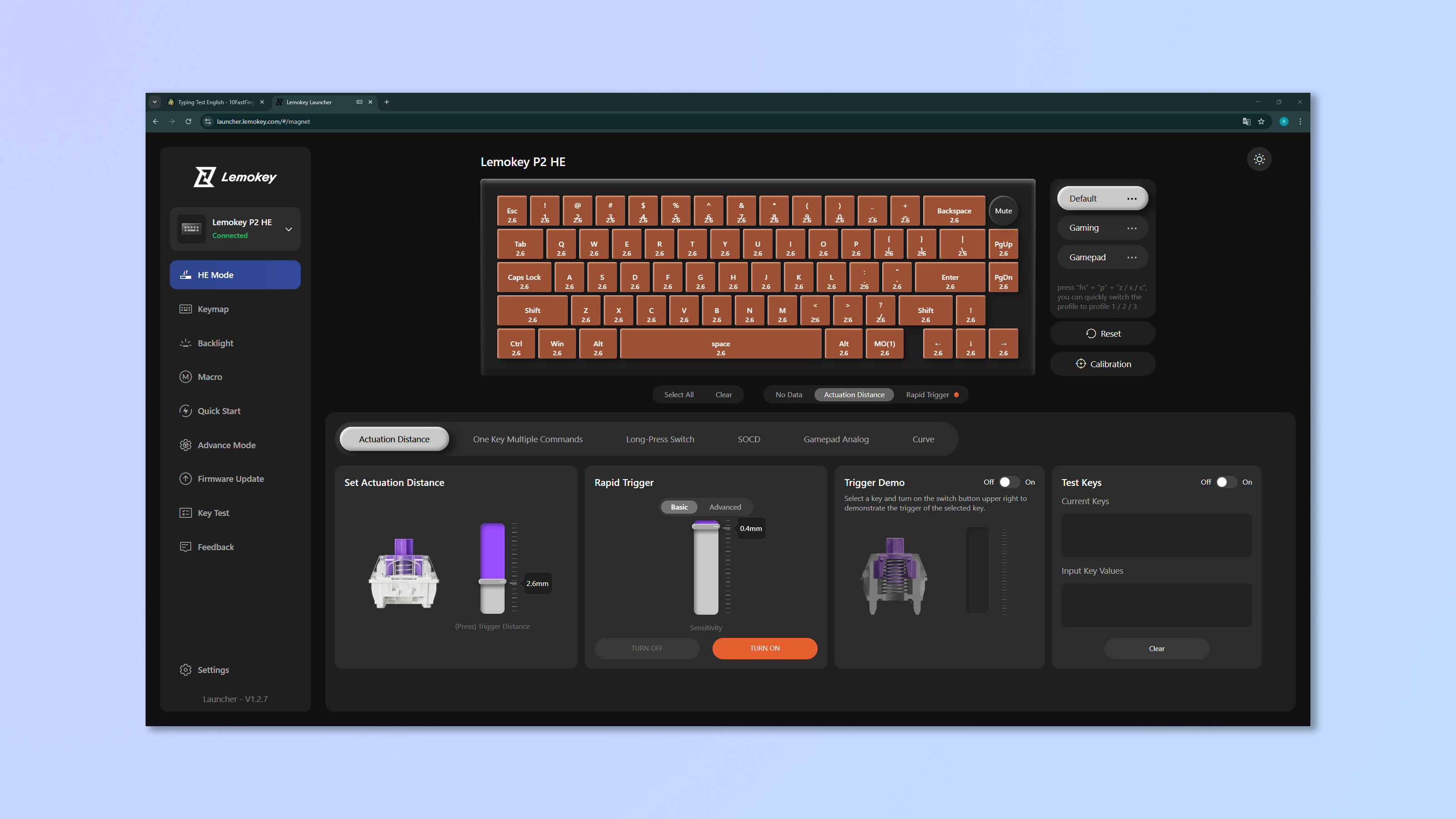 The Lemokey P2 HE being modified using the Lemokey Launcher software