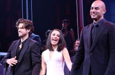 Aaron Tveit, Lea Michele and Nicholas Christopher during the opening night curtain call for the musical "Chess" on Broadway at The Imperial Theatre on November 16, 2025 in New York City