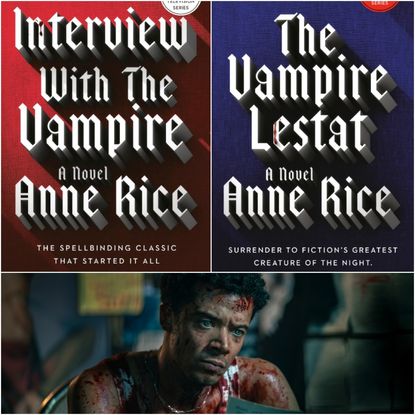covers from the vampire chronicles book series opposite a still from the tv show the vampire lestat of a bloodied louis