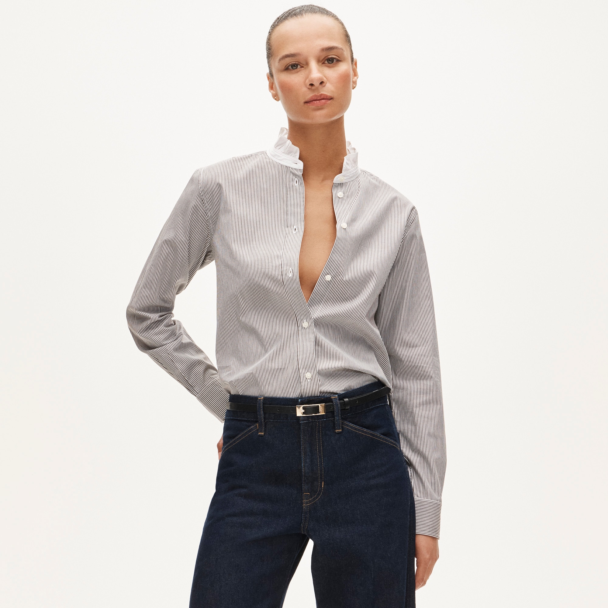 Jules Ruffle-Collar Shirt in Striped Cotton Poplin