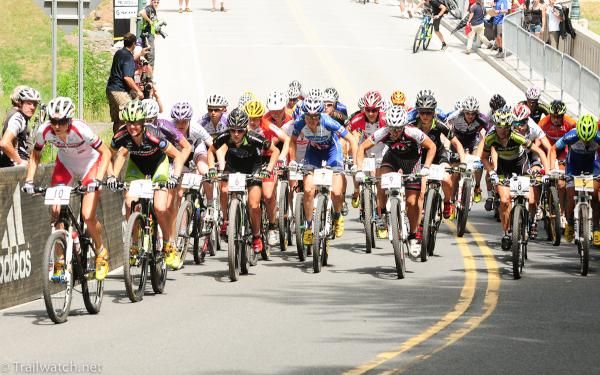 Elite women&rsquo;s start over the bridge in Windham, NY