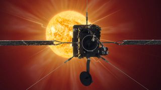 Artist's illustration of the ESA Solar Orbiter in the foreground approaching the sun shining in the background.
