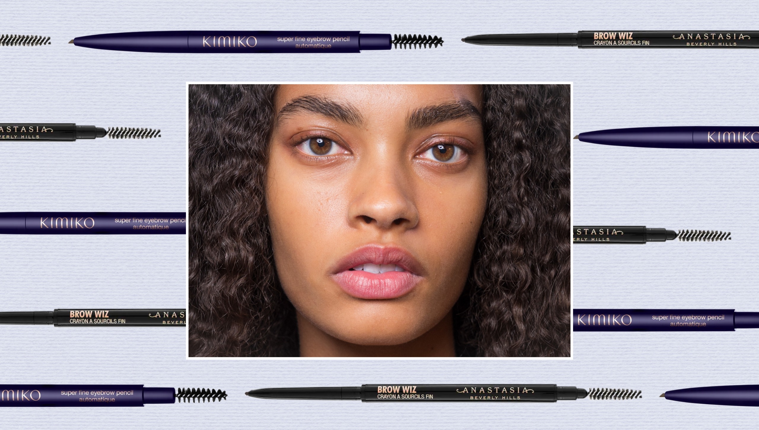 a woman with thick brows framed out against a periwinkle background with eyebrow pencils around her