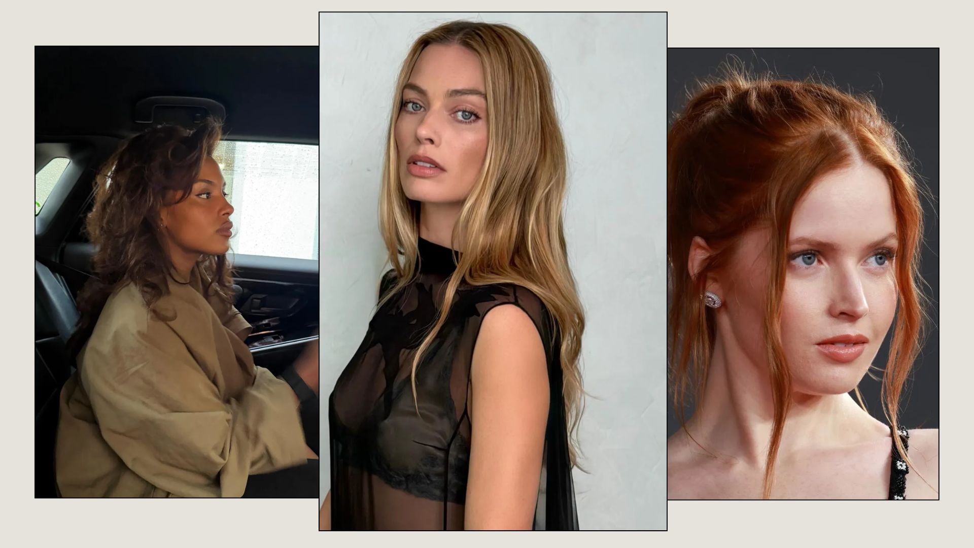 A collage of spring hair colour trends, from truffle brunette to mid-way blonde and bright copper