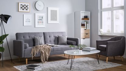 Wayfair furniture in a grey living room 