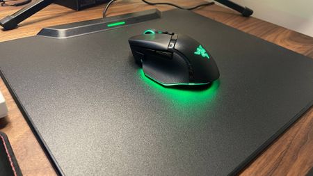 Razer HyperFlux V2 Charging Mouse System mouse pad with Basilisk V3 Pro 35K gaming mouse on top