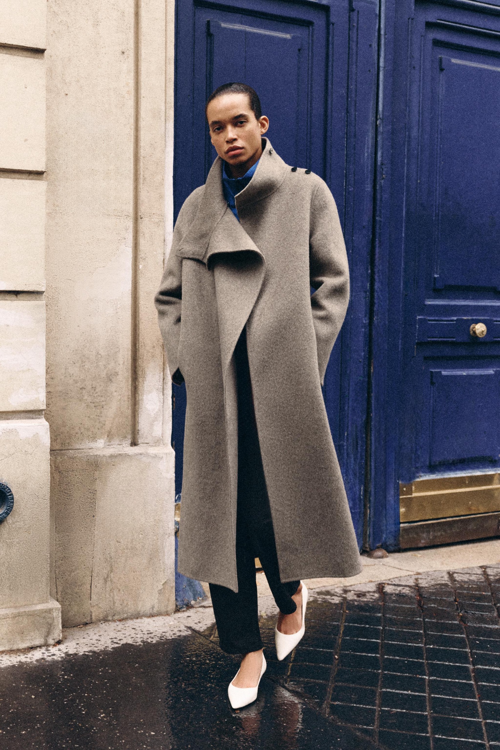 Zw Collection Long Wool Blend Coat - Grey Marl - Xs