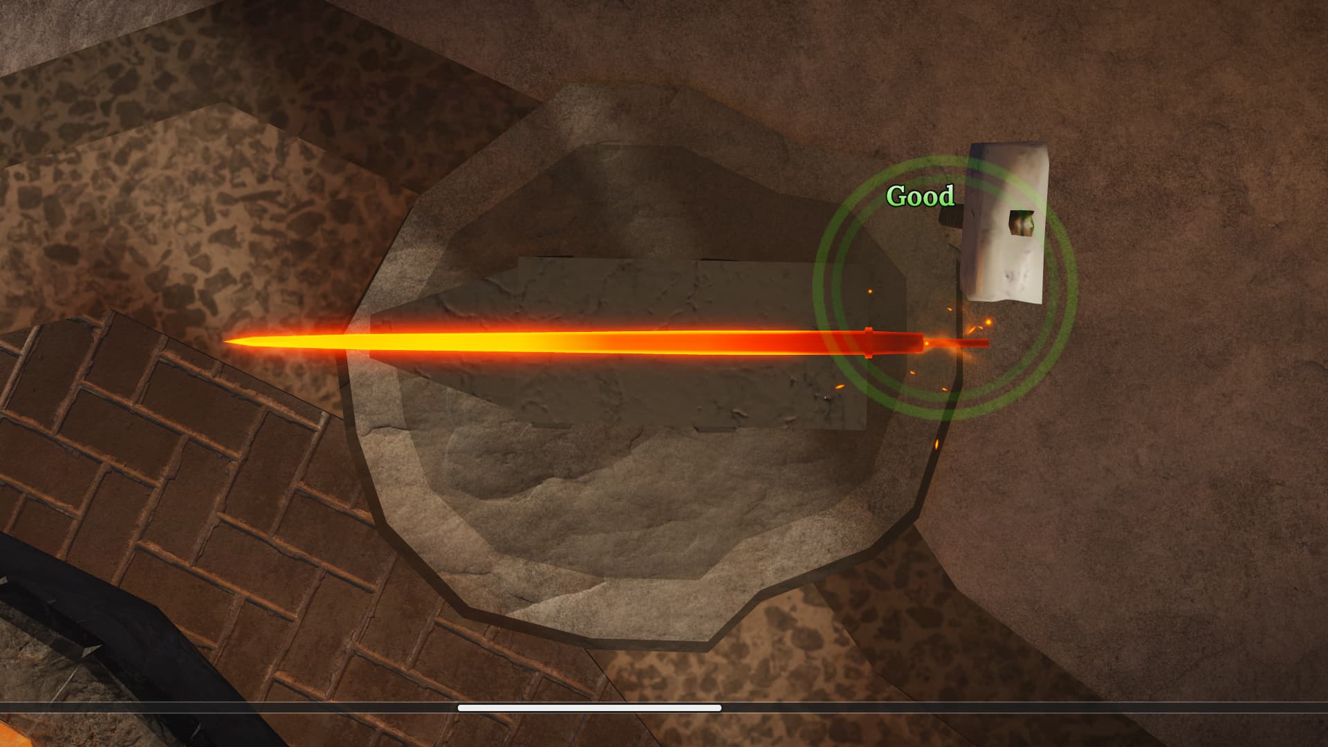 The crafting minigame in the Roblox game, The Forge. There&#039;s a long, red blade with a rhythm game style minigame sequence UI.