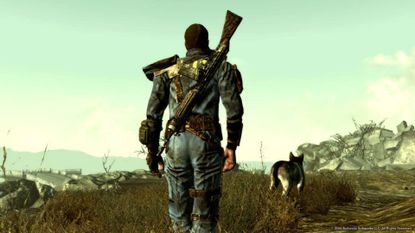 Fallout 3 screenshot shows a male character walking alongside a dog.