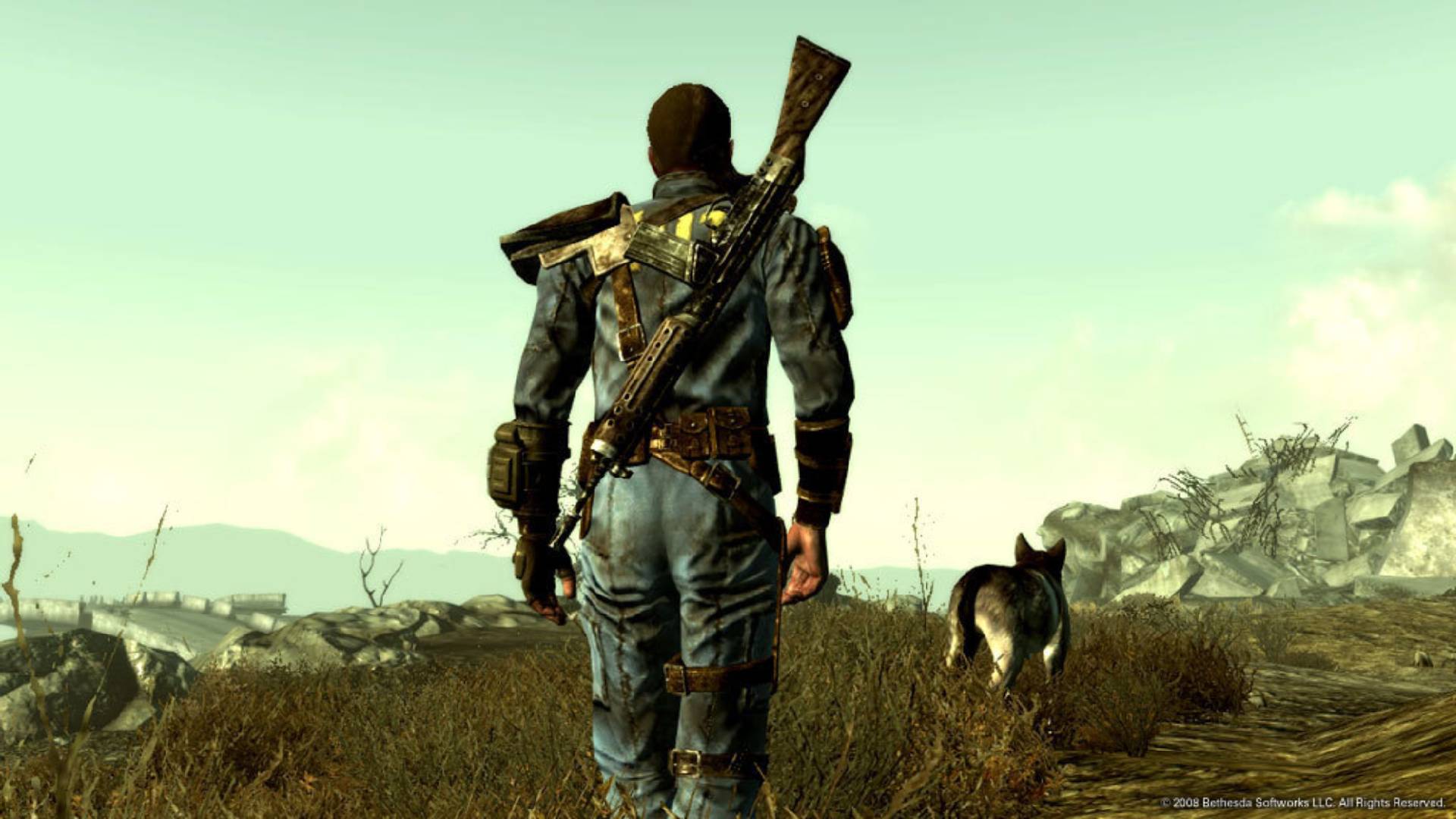 Fallout 3 screenshot shows a male character walking alongside a dog.