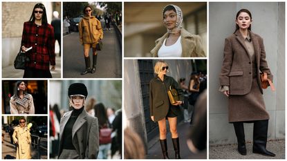 A multi-image collage of the country style trend at fashion week, featuring women wearing barn jackets, riding boots, trench coats, tartan, rain boots, and tweed blazers