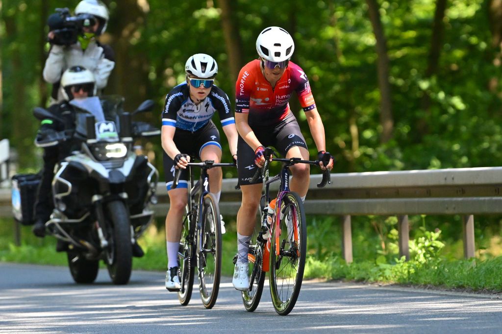 JENA GERMANY JUNE 25 LR Margot Vanpachtenbeke of Belgium and Volkerwessels Pro Cycling Team and Ruth Edwards of The United States and Team Human Powered Health compete in the breakaway during the 36th Internationale LOTTO Thringen Ladies Tour 2024 Stage 1 a 1185km from Jena to Jena UCIWWT on June 25 2024 in Jena Germany Photo by Luc ClaessenGetty Images