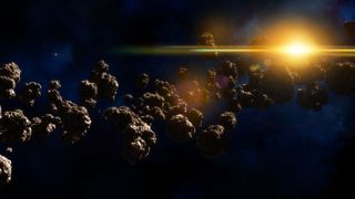 Field of asteroids with space background and glowing orange shiny star.