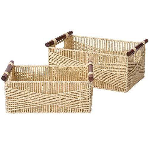 La Jolie Muse Wicker Storage Baskets for Organizing, Recyclable Paper Rope Basket With Wood Handles, Decorative Hand Woven Basket Organizers for Makeup Books Sh