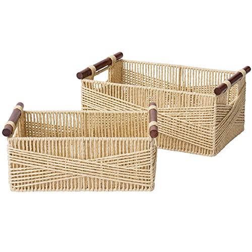 La Jolie Muse Wicker Storage Baskets for Organizing, Recyclable Paper Rope Basket With Wood Handles, Decorative Hand Woven Basket Organizers for Makeup Books Shelves Living Room, Beige, Set of 2