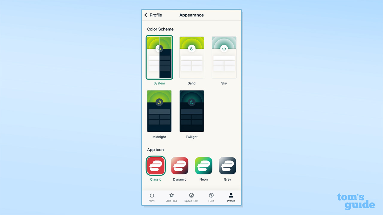 Screenshot of ExpressVPN app Appearance settings, showing the customisable app options