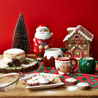 christmas decoration red wall toys and tea cups