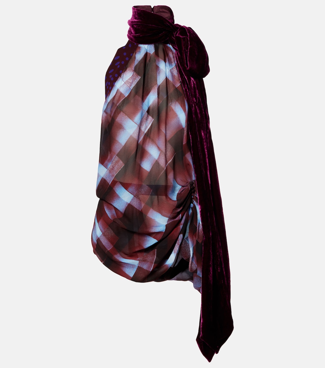Checked Scarf-Detail Halterneck Top in Burgundy - Dries Van Noten
