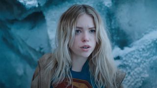 A close up of Kara Zor-El frowning in James Gunn's Superman movie