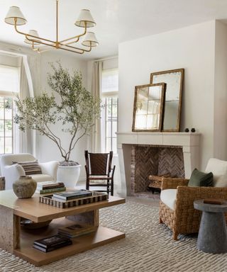 A living room with white walls, a tan textured rug, and wooden furniture