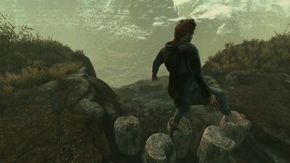 Nate walks across stepping stones in Baby Steps