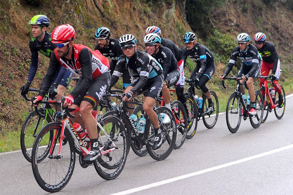 The peloton rides during stage 2 of Volta a Catalunya.
