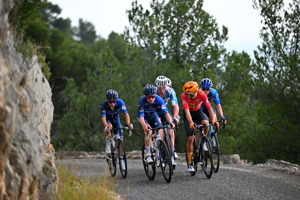 MONT-FARON, FRANCE - FEBRUARY 16: (L-R) Lenny Martinez of France, David Gaudu of France and Team Groupama-FDJ, Romain Bardet of France and Team DSM-Firmenich PostNL, Tobias Halland Johannessen of Norway and Team Uno-X Pro Mobility and Michael Woods of Canada and Team Israel-Premier Tech compete in the breakaway during the 1st Classic Var 2024 a 184.3km one day race from Saint-Raphael to Mont Faron 499m on February 16, 2024 in Mont Faron, France. (Photo by Billy Ceusters/Getty Images)