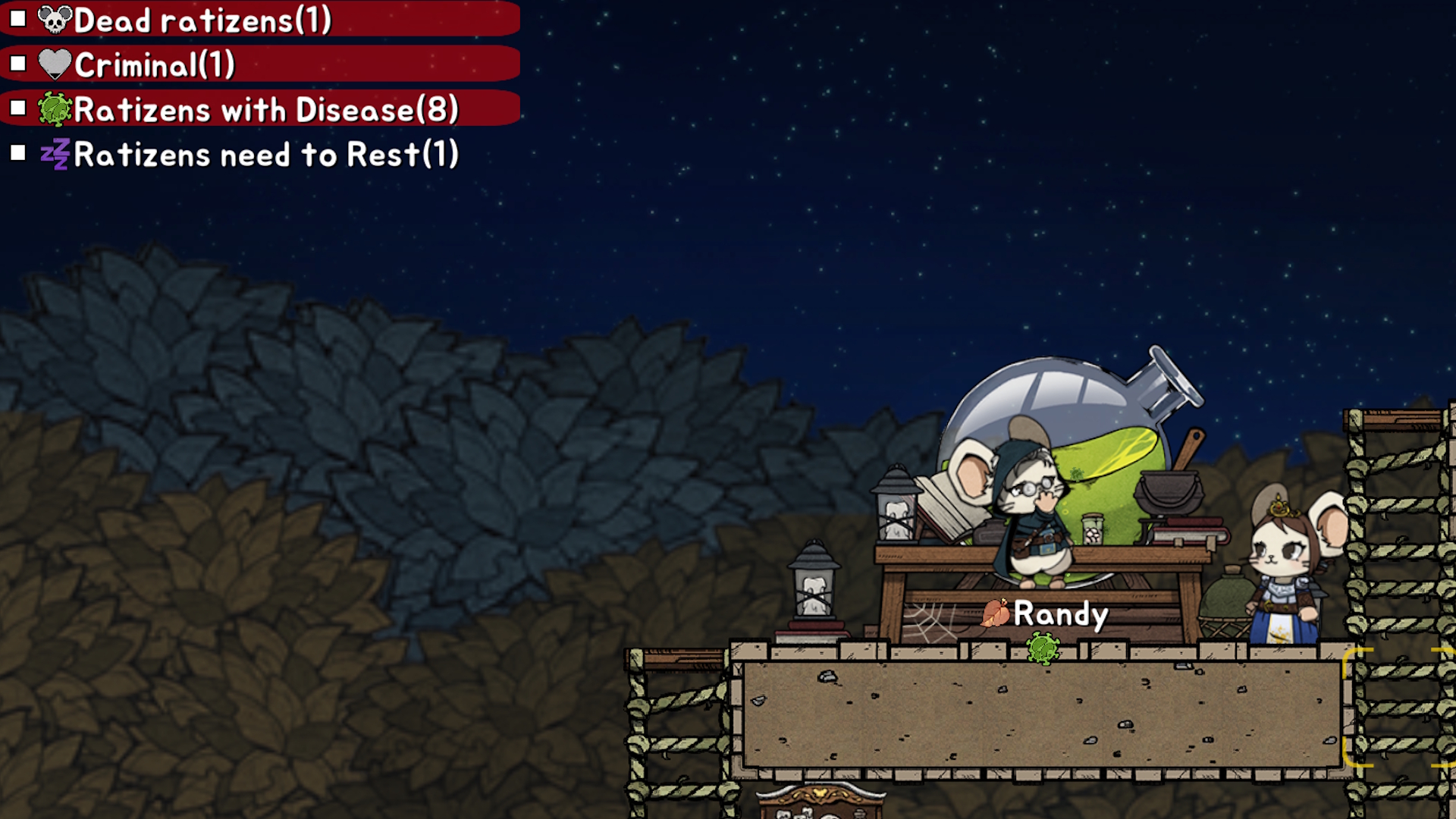 Ratopia screenshot of a newly built laboratory with two rats standing in front of it