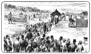 A contemporary engraving of the first lawn tennis championship at Wimbledon for Men's Singles only in July 1877. The event was won by Mr Spencer Gore, a man whose name goes down in tennis history despite his clear disdain for the game!