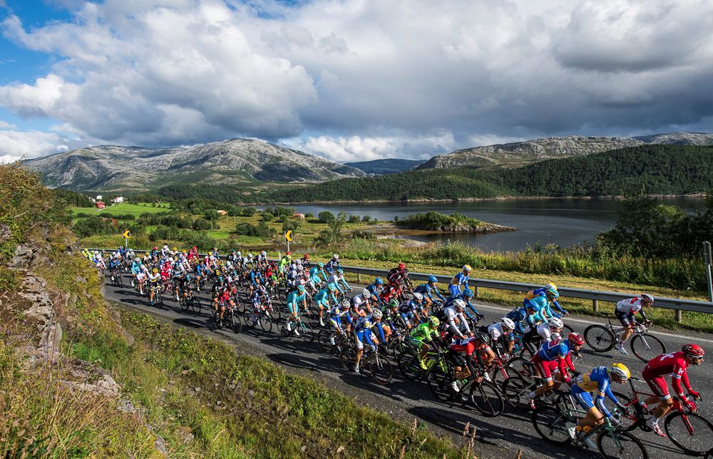 Cyclists ride during the 198,5 km second stage of the Arctic Race of Norway between Mo i Rana and Sandnessjoen