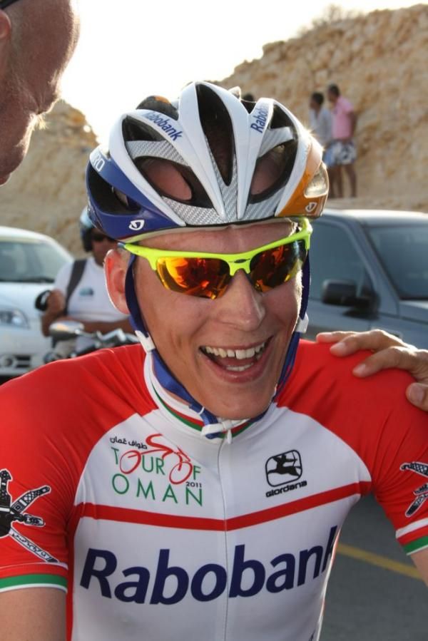 Robert Gesink (Rabobank) is congratulated after winning the time trial and setting up overall victory at the Tour of Oman