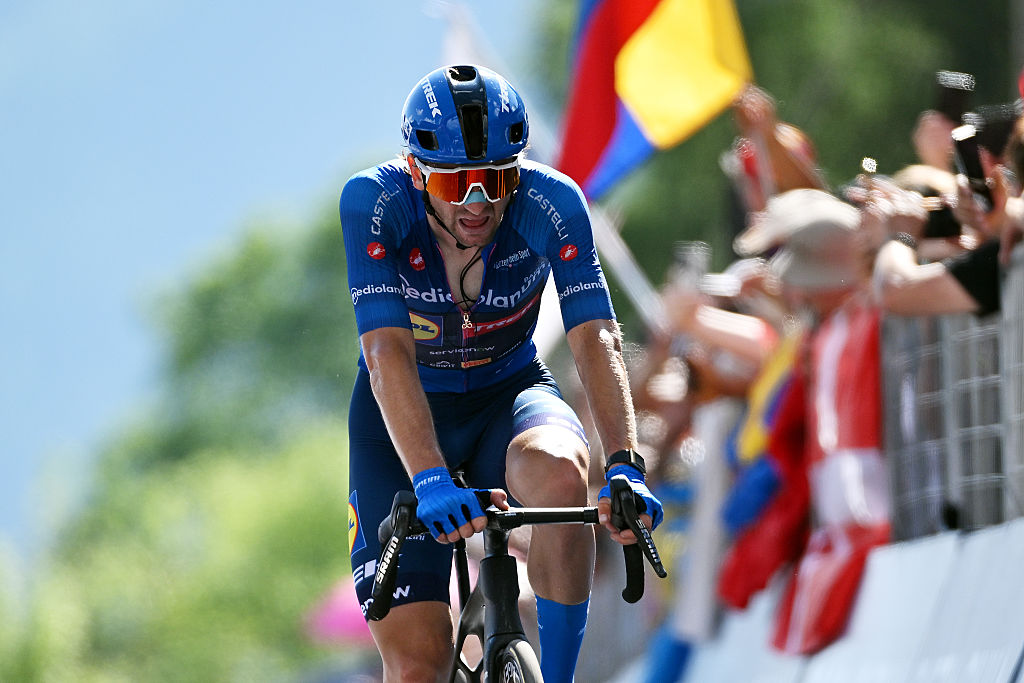 ALLEGHE, ITALY - MAY 29: Giulio Ciccone of Italy and Team Lidl - Trek - Blue Mountain Jersey crosses the finish line as third place winner during the 109th Giro d&amp;apos;Italia 2026, Stage 19 a 151km stage from Feltre to Alleghe - Piani di Pezze 1467m / #UCIWT / on May 29, 2026 in Alleghe, Italy. (Photo by Tim de Waele/Getty Images)