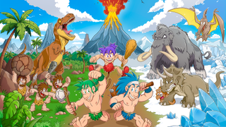 Retro game screens of cavemen fighting dinosaurs