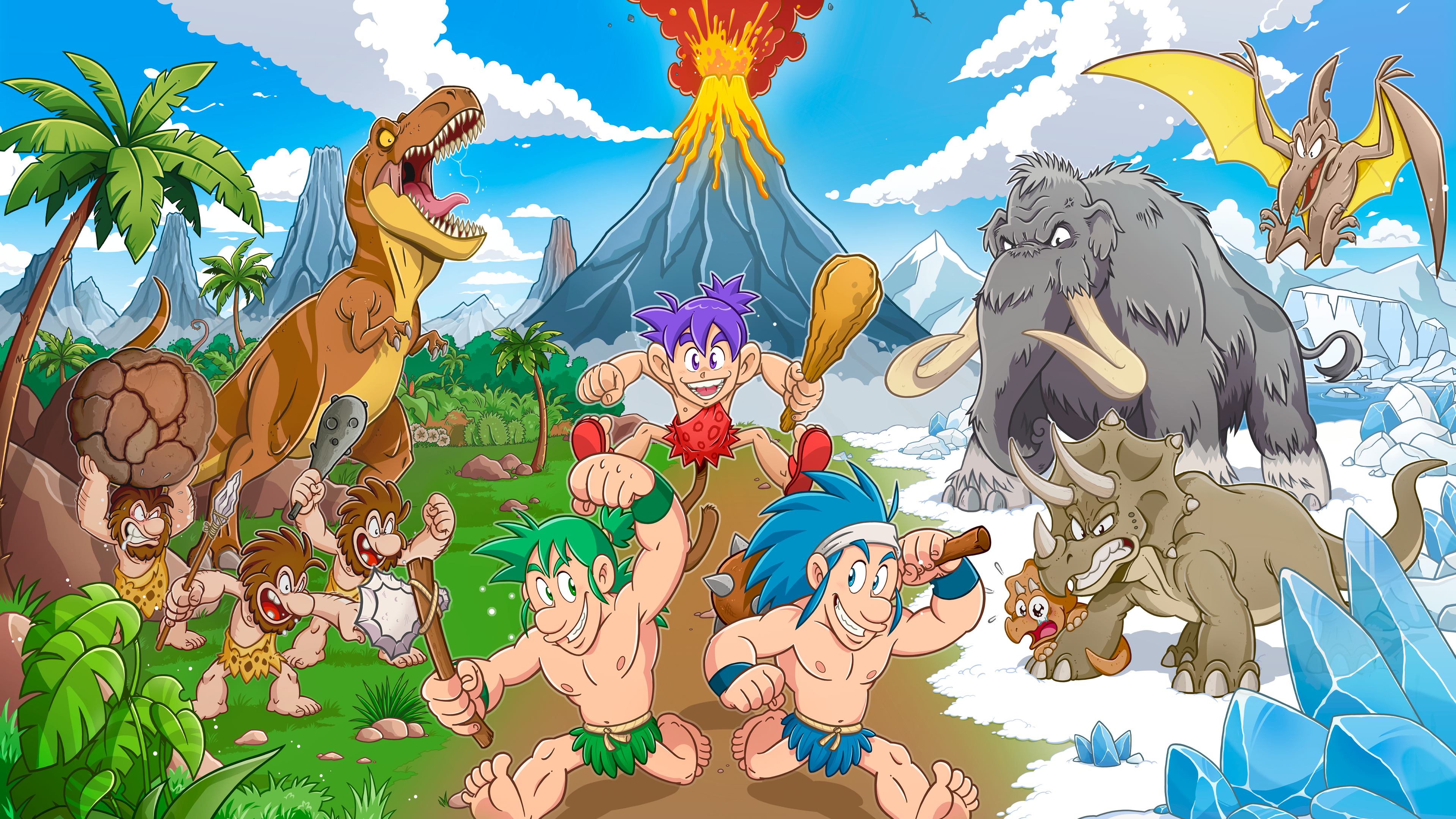 Retro game screens of cavemen fighting dinosaurs