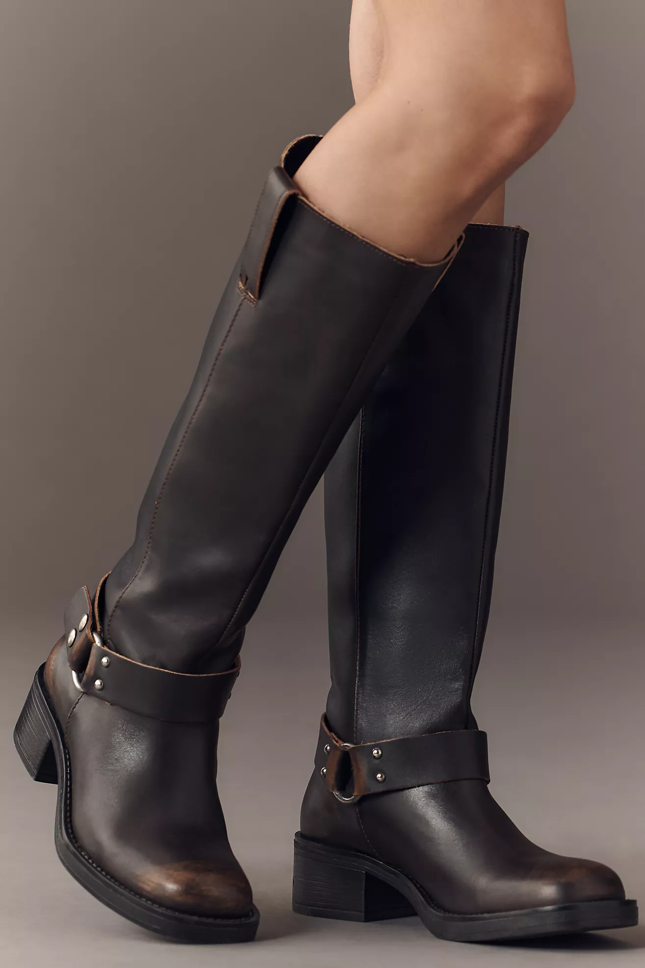 Highly anthropologically high leather motorcycle boots