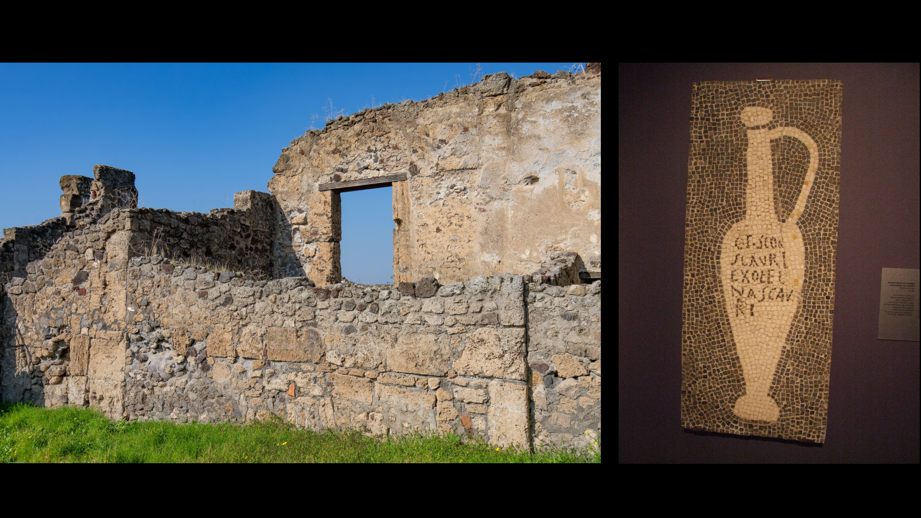 remains of a house at Pompeii along with a mosaic in the shape of an amphora