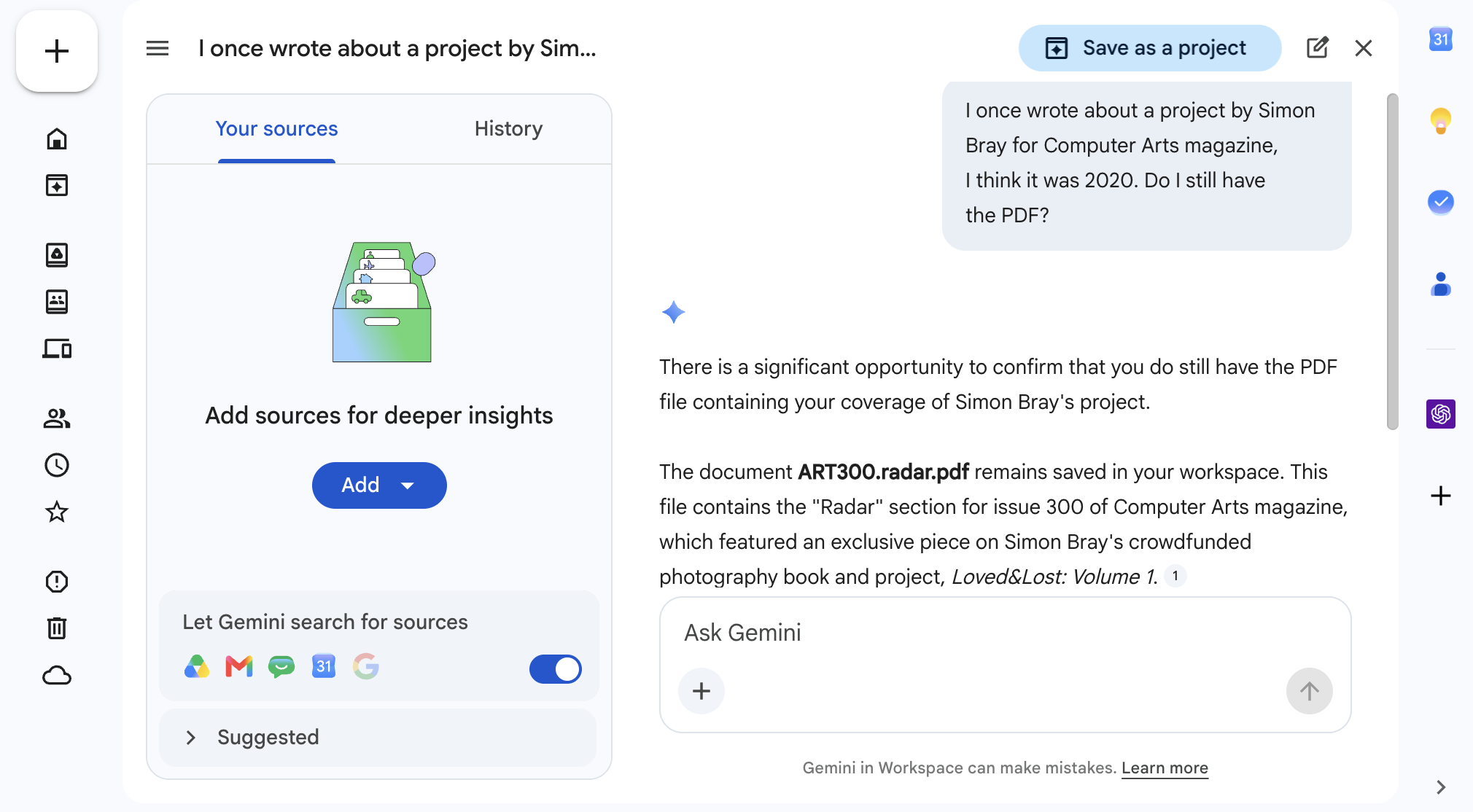 A screenshot of NotebookLM showing a user query about a past project next to an AI-generated response confirming the PDF file is saved in the workspace.